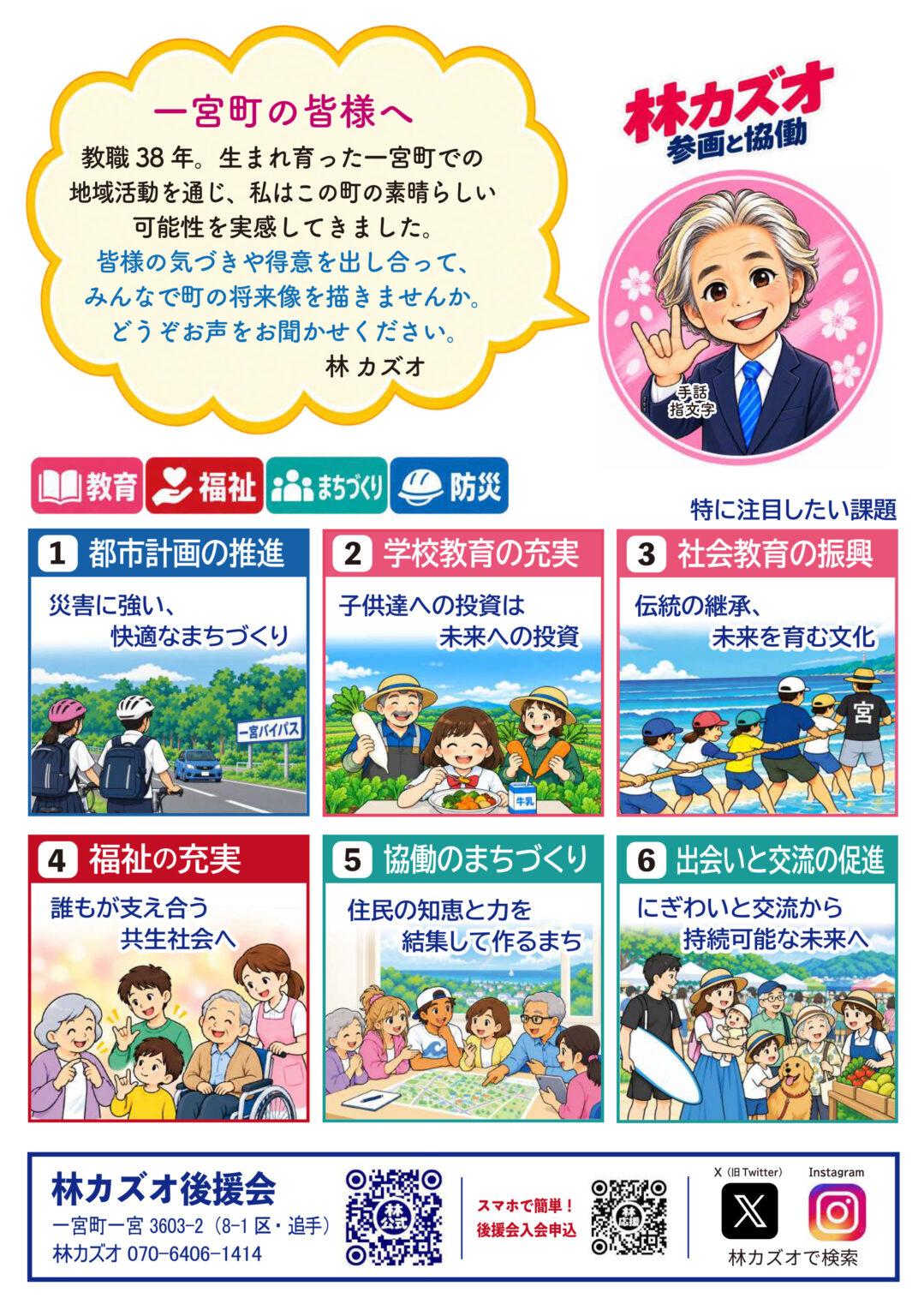 林カズオ(千葉県一宮町)討議資料 裏面:一宮町の皆様へのメッセージ、特に注目したい6つの課題、林カズオ後援会